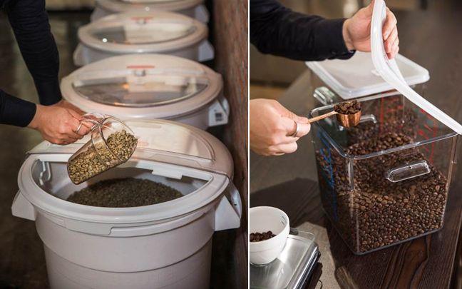 ProSave™贮物桶（左）和方形食品储存盒（右），满足咖啡生豆和熟豆不同的存储需求