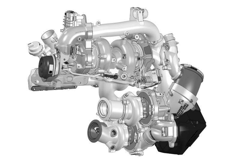 博格华纳最新推出的配备四台涡轮增压器的高效可调两级涡轮增压系统(R2S®)