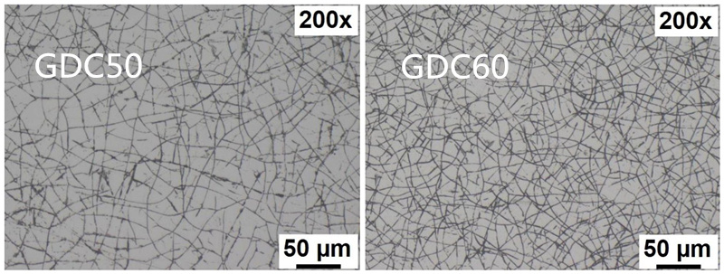 与 GDC50 相比，GDC60 具有含更多纳米金刚石颗粒且分布更均匀的精细微裂纹网