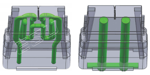 图1 图左为传统水路3D模型图（绿色部分），图右为随形水路3D模型图（绿色部分）
