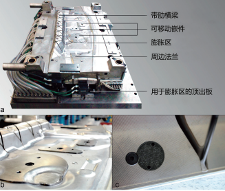 图5 特殊模具功能：a）示例模具的顶出侧；b）膨胀区细节；c）真空抽风机细节（© ElringKlinger）