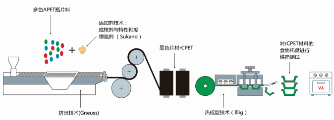 图1 工艺全景：从多色APET瓶片料到烘箱安全食品托盘所用CPET