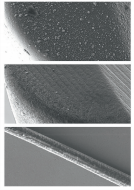 上：标准 PVD 工艺——增加 液滴形成；中：HIPIMS PVD 工艺（WNN10）—— 极其光 滑的表面；下：HIPIMS 表面 与头发结构直接比较
