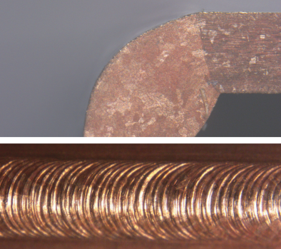 0.5 mm 铜片角焊（上），使用激光功率为 1240 W，进给速率 3m/min 截面图（左下）和焊缝细节（右下）©Laserline