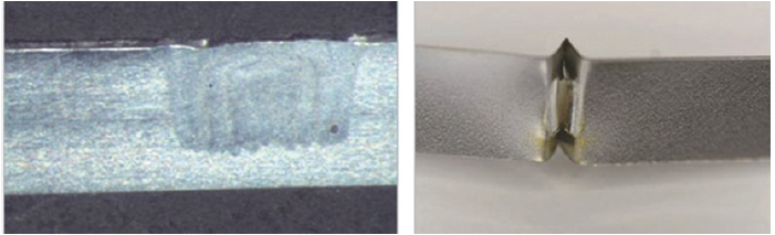 70WEP-Z 激光器产生的不锈钢焊缝( 左) 及其剥离试验( 右) 显微图像。