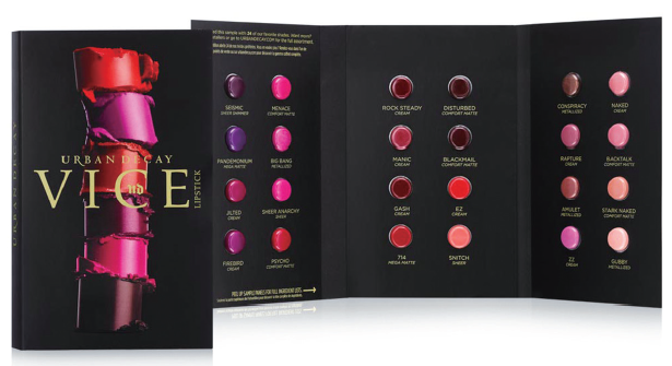 Urban Decay Vice 唇膏小样采用了Arcade Beauty 的热成型包装，涵盖了该品牌的24 款 新色