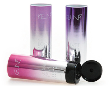 Keune 产品包装瓶，由LageenTubes 推出的360°瓶体装饰技术 “金属塑料”打造，金属质感盎然呈现