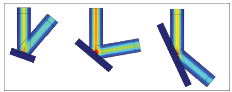 图4. COMSOL® 软件运行的激光反射仿真结果显示了不同反射角下 的电场模，这些不同的反射角导致吸收的能量大小也各不相同。