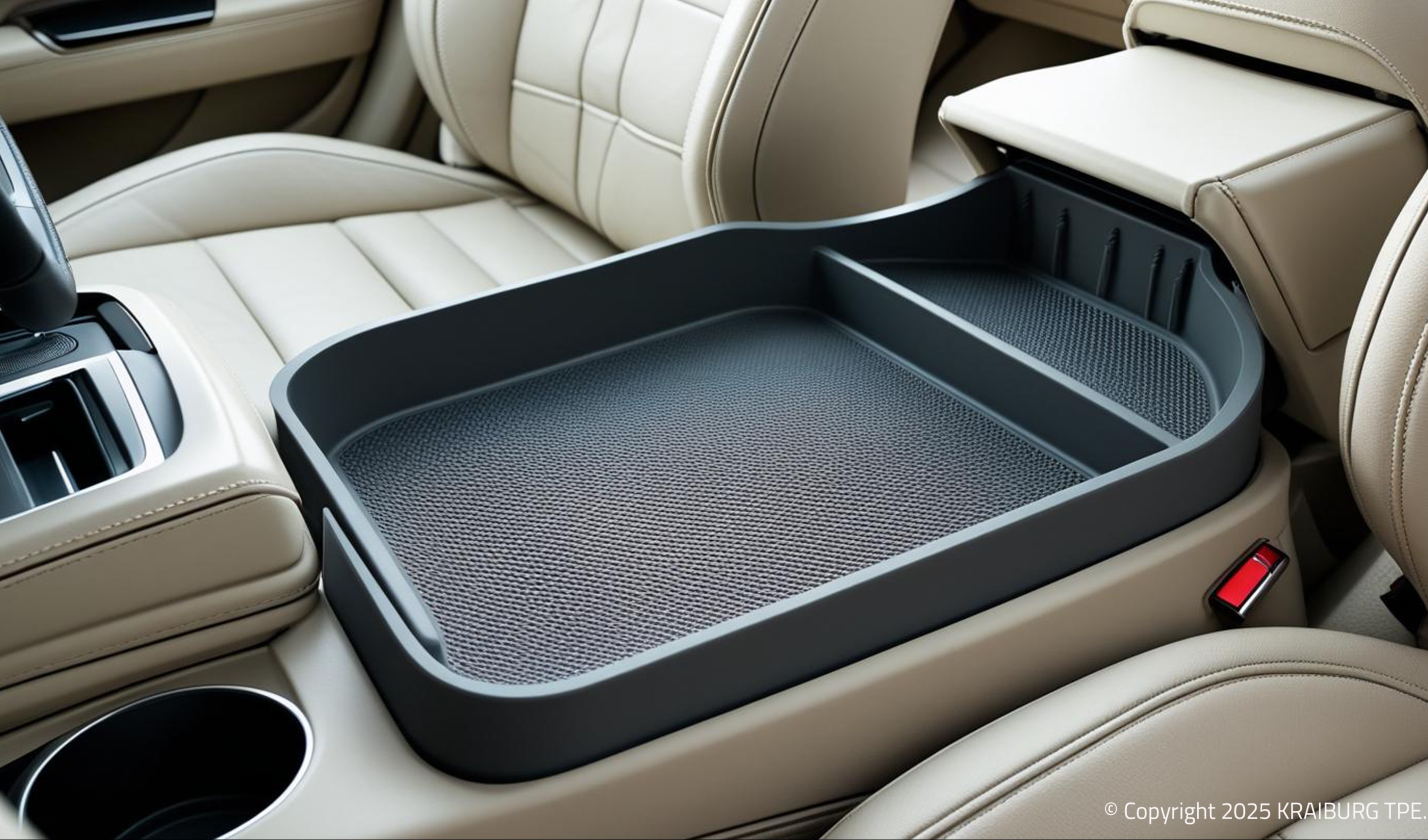 凯柏胶宝采用含超过70%回收成分的TPE材料,实现可持续与功能并重的车载储物托盘设计