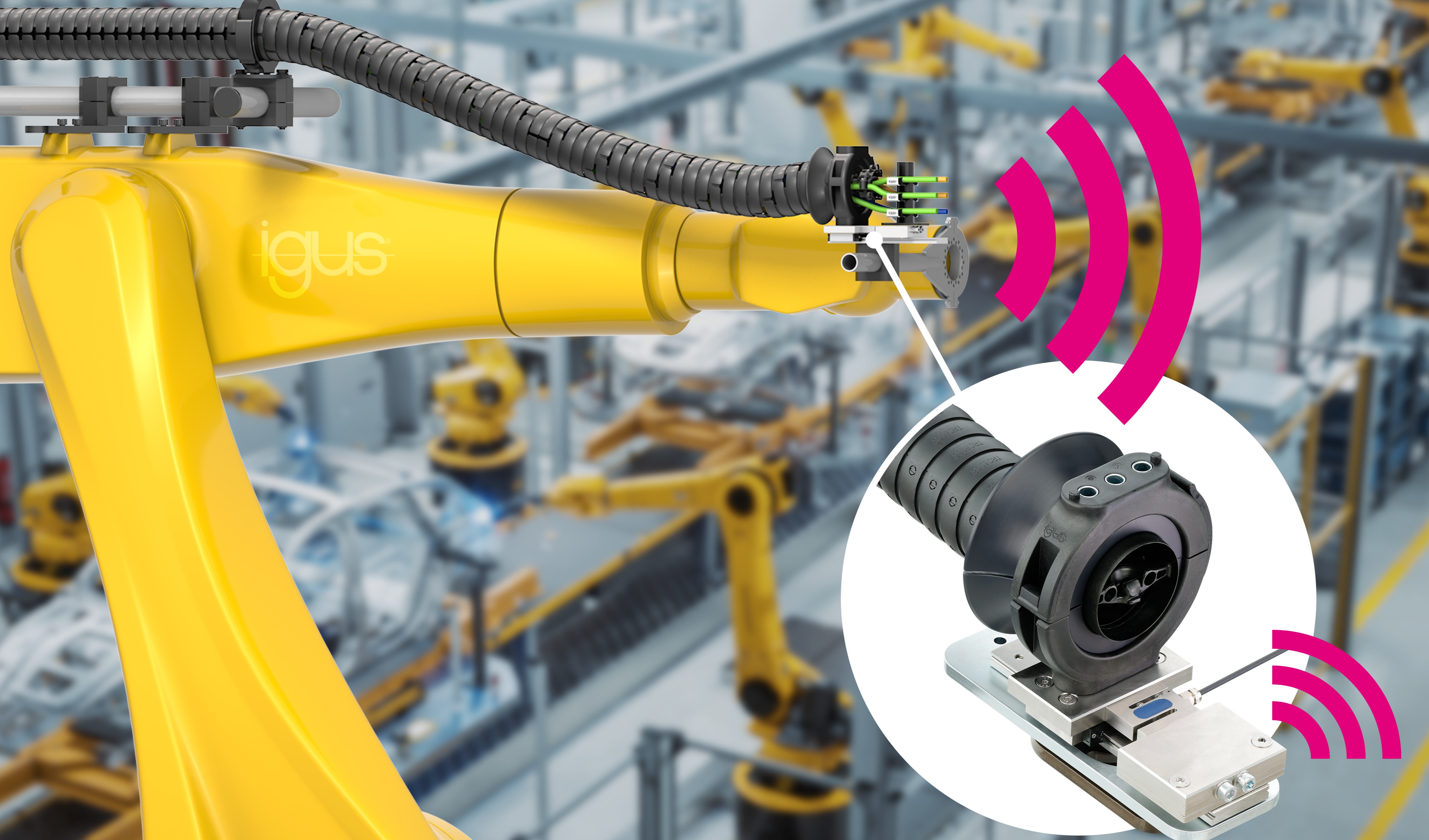 igus研发出一款新型传感器,用于监测机器人拖链系统中所受的拉力