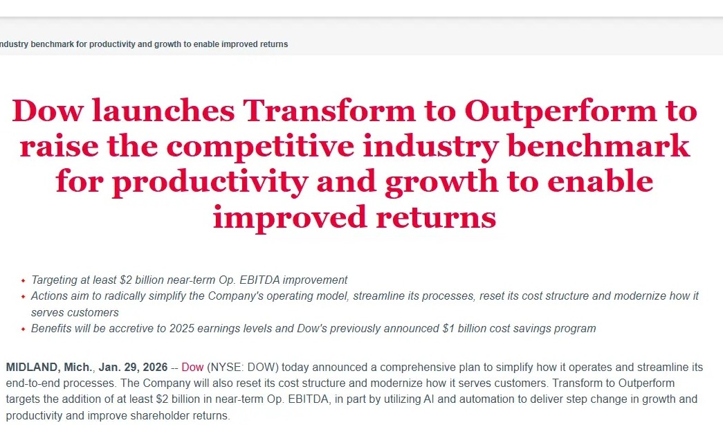 陶氏启动20亿美元转型增效计划，预计裁员4500人