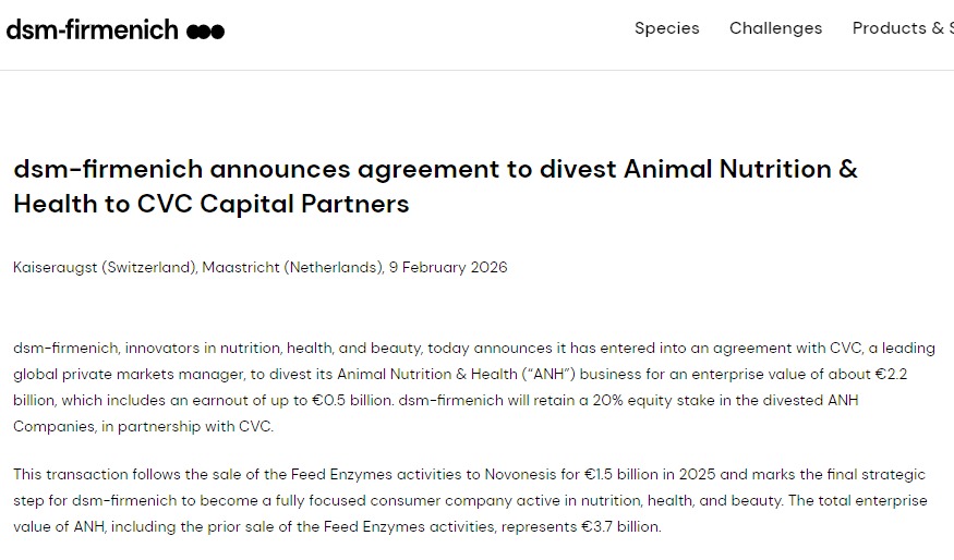 帝斯曼-芬美意宣布与CVC Capital Partners达成协议，出售其动物营养与保健业务