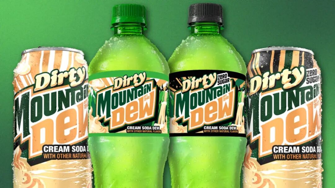 A product shot of two cans and two bottles of Dirty Mountain Dew.